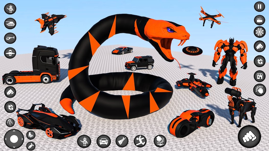 Snake Robot gameplay showing the snake, car, and robot forms